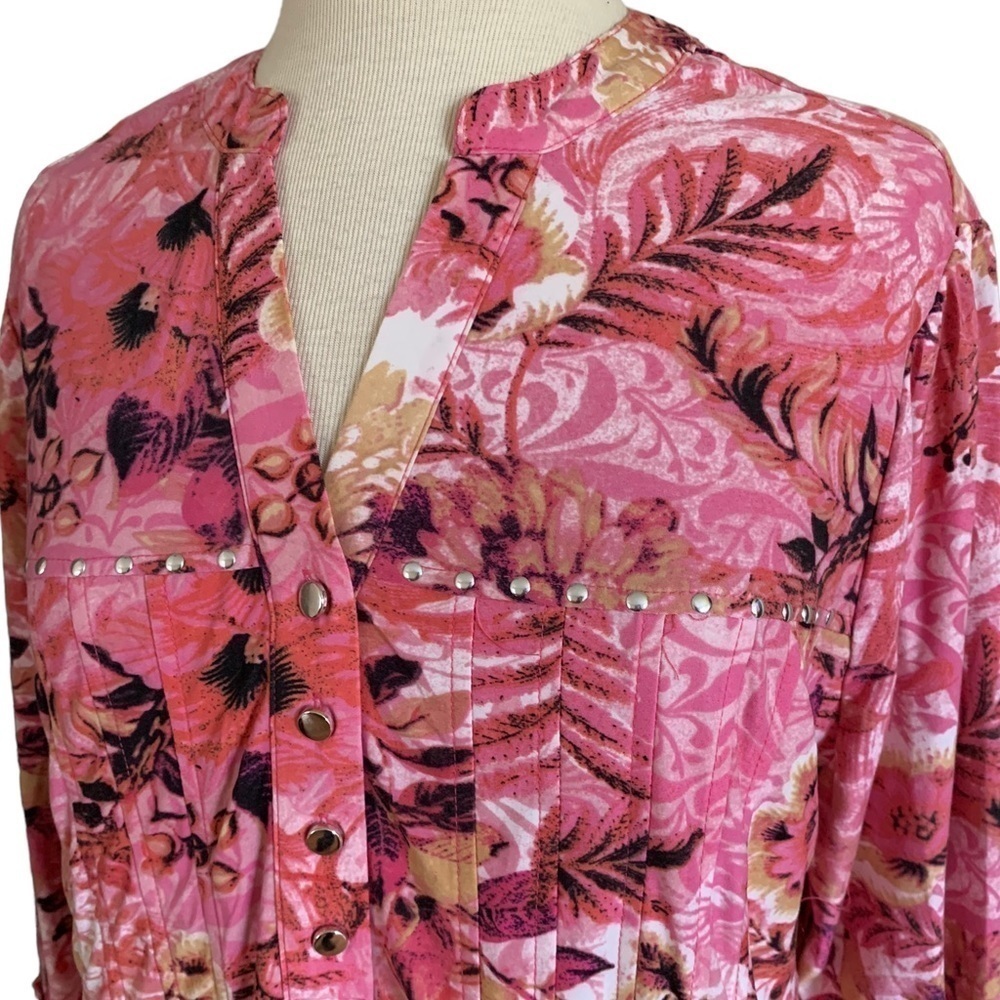 COCOMO 1X Pink Floral Plus Size 3/4 sleeve women’s Pintuck Blouse top sh… - Picture 5 of 12